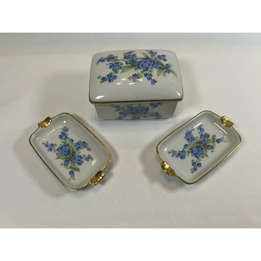 VNG porcelain trinket box and two matching trays Forget Me Not Floral Pattern